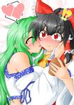  2girls ascot bare_shoulders black_hair blush bow closed_eyes detached_sleeves eating face_licking green_hair hair_bow hair_tubes hakurei_reimu hand_on_another's_cheek hand_on_another's_face heart kochiya_sanae kokujuuji licking long_hair multiple_girls red_eyes spoken_heart surprised touhou yuri 