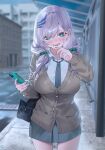  1girl :d aqua_eyes bag blurry blurry_background breasts bright_pupils brown_cardigan cardigan collared_shirt commentary cowboy_shot day english_commentary feather_hair_ornament feathers grey_hair grey_necktie grey_skirt hair_ornament hair_over_shoulder hair_scrunchie highres holding holding_phone hololive hololive_indonesia large_breasts long_hair looking_at_viewer loose_necktie low_twintails miniskirt necktie ocetee open_mouth outdoors pavolia_reine phone pleated_skirt school_bag school_uniform scrunchie shirt skirt smile solo swept_bangs twintails virtual_youtuber white_pupils white_shirt 