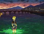  architecture blonde_hair blouse bridge cloud east_asian_architecture green_eyes looking_away mizufu mizuhashi_parsee mountain pointy_ears short_hair skirt skirt_hold solo standing touhou town twilight wading water 
