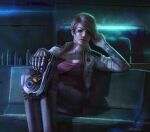  1girl aqua_background arm_tattoo asymmetrical_bangs asymmetrical_hair ben_savory blue_eyes bottle breasts brown_hair collarbone collared_jacket commentary commission couch cyborg damillia_seraph_(theburning1) dark dust_514 earrings energy_gun english_commentary eve_online face_piercing facial_tattoo feet_out_of_frame gallente_federation_(eve_online) glowing grey_pants gun hand_up handgun hexagon hexagon_print holding holding_gun holding_weapon honeycomb_(pattern) honeycomb_print indoors ion_pistol_(dust_514) jacket jewelry lip_piercing lip_ring lips looking_at_viewer makeup mechanical_arms medium_breasts nose on_couch open_clothes open_jacket original pants parted_lips piercing prosthesis prosthetic_arm realistic science_fiction short_hair signature single_mechanical_arm sitting solo tattoo weapon white_jacket 