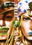  2boys bandana blonde_hair blue_eyes blue_lips brown_hat commentary eyelashes grills gyro_zeppeli hat highres johnny_joestar jojo_no_kimyou_na_bouken looking_at_viewer male_focus mo_(mo102561835098) multiple_boys split_theme steel_ball_(jojo) steel_ball_run white_bandana 