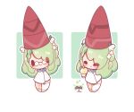  1girl ^_^ absurdres antlers apple blush ceres_fauna chibi chibi_only closed_eyes closed_mouth commentary decrilus dress english_commentary food fruit full_body green_background green_hair hat highres holding holding_food holding_fruit hololive hololive_english horns long_hair multiple_views outline pince-nez red_hat smile sprout standing virtual_youtuber white_dress white_outline 