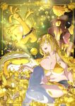  1girl absurdres alternate_color alternate_eye_color alternate_hair_color belt black_belt blonde_hair border breasts chocolate chocolate_coin chocolate_fountain coin commentary_request dondozo eyelashes eyewear_on_head fangs gholdengo gimmighoul gimmighoul_(roaming) glassy0302 gold_bar gold_bkikini gold_coin highres holding holding_coin klefki kuraishi_ringo_(glassy0302) luvdisc magikarp medium_hair midair open_mouth original pokemon pokemon_(creature) rellor sableye shiny_and_normal shiny_pokemon sitting smile sparkle tadbulb tatsugiri tatsugiri_(stretchy) teeth thighhighs tynamo upper_teeth_only white_thighhighs wiglett yellow-framed_eyewear yellow_eyes yellow_theme 