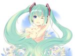  bad_id bad_pixiv_id blue_eyes breasts faefaea flower green_hair hatsune_miku headset highres long_hair looking_at_viewer medium_breasts nude one_eye_closed smile solo twintails vocaloid 