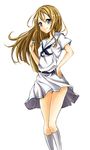  bad_id bad_pixiv_id belt blonde_hair blue_eyes dress hand_on_hip harino646 holding long_hair looking_at_viewer mahjong mahjong_tile neckerchief oohoshi_awai saki school_uniform serafuku shiraitodai_school_uniform smile socks solo standing white_dress white_legwear 