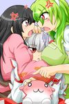  :3 anger_vein angry black_hair blush breasts brown_eyes dress ex-keine fujiwara_no_mokou green_hair houraisan_kaguya kamishirasawa_keine kokujuuji large_breasts long_hair multiple_girls open_mouth red_eyes sukusuku_hakutaku touhou white_hair 