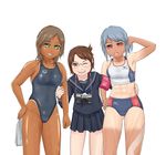  3girls abs blue_hair brown_hair camera everyone gavinekov group multiple_girls muscle one-piece_swimsuit school_uniform short_hair swimsuit tan tanline wink 