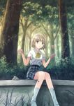  bad_id bad_pixiv_id blonde_hair dirty flower grey_eyes hair_flower hair_ornament looking_at_viewer mud mudball original plaid plaid_skirt school_uniform short_hair sitting skirt socks solo tree yakka 