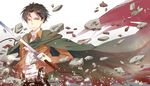  ascot bad_id bad_pixiv_id belt black_eyes black_hair cape jacket levi_(shingeki_no_kyojin) male_focus nae_(artist) paradis_military_uniform rock shingeki_no_kyojin solo sword three-dimensional_maneuver_gear weapon 