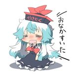  =_= blue_hair blush bow closed_eyes drooling expressive_clothes hat headwear_writing kamishirasawa_keine long_hair lowres multicolored_hair open_mouth rebecca_(keinelove) saliva touhou two-tone_hair 