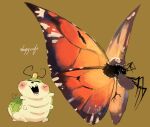  2026 2_antennae 2_tails 4_arms 4_fingers 4_legs antennae_(anatomy) anthro arthropod arthropod_abdomen big_wings black_antennae blush blush_lines blush_stickers brown_background butterfly caterpillar crown digital_media_(artwork) disney eyespots featureless_hands feral fingers flying gold_crown green_body grey_body headgear hi_res hoppers_(disney) insect insect_wings larva lepidopteran lepidopteran_wings looking_at_viewer markings multi_arm multi_limb multi_tail multicolored_wings narrowed_eyes nude open_mouth open_smile orange_body pixar ruff sharp_teeth simple_background sleepyoveja smile solo spread_wings standing tail teeth titus_(hoppers) white_body wings 