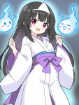  1girl :d black_hair blunt_bangs blush commentary_request cowboy_shot dot_nose grey_background hands_up highres hitodama japanese_clothes kimono kotatsu-mazoku long_hair long_sleeves looking_at_viewer obi open_mouth original pink_eyes purple_sash sash sidelocks smile solo triangular_headpiece white_kimono wide_sleeves 