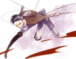  action ascot bad_id bad_pixiv_id belt black_eyes black_hair boots dual_wielding emblem holding jacket levi_(shingeki_no_kyojin) ma0u1013 male_focus paradis_military_uniform shingeki_no_kyojin solo survey_corps_(emblem) sword thigh_strap three-dimensional_maneuver_gear weapon wire 