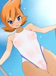  1girl breasts female gym_leader halubato harubato highres kasumi_(pokemon) nintendo one-piece_swimsuit partially_visible_vulva pokemon see-through smile solo sparkle swimsuit uncensored 