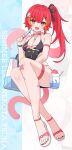  1girl absurdres anku bag bandaid bandaid_on_knee bandaid_on_leg bikini black_bikini black_nails black_ribbon blush breasts cat_tail cleavage collarbone commentary_request crossed_legs earrings fang flower food full_body hair_flower hair_ornament hair_ribbon hairclip highres holding holding_food holding_popsicle jewelry long_hair looking_at_viewer medium_breasts multicolored_hair nekota_tsuna orange_eyes orange_streaks pink_sandals popsicle red_hair red_tail ribbon sandals shaved_ice side_ponytail solo streaked_hair swimsuit tail thigh_strap virtual_youtuber vspo! white_bag white_flower wristband x_hair_ornament zoom_layer 