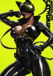  1girl absolute_batman absolute_dc absurdres animal_ear_helmet animal_helmet batman batman_(absolute_dc) batman_(series) breasts cat_helmet catwoman catwoman_(absolute_dc) covered_navel dark-skinned_female dark_skin dc_comics fake_tail highres large_breasts monori_rogue partially_opaque_helmet reflective_mask simple_background smile solo_focus tail yellow_background 