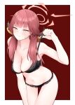  1girl armpits aru_(blue_archive) black_bra black_panties blue_archive blunt_bangs blush bra breasts brown_horns cleavage collarbone commentary_request demon_horns funcle halo highres holding holding_bra holding_underwear holding_unworn_clothes horns lace lace-trimmed_bra lace-trimmed_panties lace_trim large_breasts lingerie long_hair looking_at_viewer low_horns navel orange_halo panties pink_hair simple_background solo sweat thighs underwear underwear_only yellow_eyes 