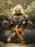  1boy absurdres bamboo banyue_(zenless_zone_zero) claws clothes_around_waist english_commentary facing_viewer foreskin highres jacket jacket_around_waist male_focus mechanical_penis on_ground penis precum precum_drip shurodragon sitting testicles zenless_zone_zero 