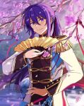  1boy alumi_0516 arch_bridge belt blurry blurry_foreground branch bridge buttons cherry_blossoms closed_mouth commentary_request dappled_sunlight day double-breasted double-parted_bangs ensemble_stars! epaulettes falling_petals floral_print_jacket garden gold_trim hair_between_eyes hair_intakes hair_ribbon hand_fan hand_up high_collar highres hill holding holding_fan jacket kanzaki_souma lens_flare long_hair long_sleeves looking_at_viewer male_focus multicolored_jacket official_alternate_costume outdoors paper_fan petals pink_petals ponytail purple_eyes purple_hair red_belt red_ribbon ribbon shade sidelighting sidelocks single_epaulette smile solo sparkle sunlight upper_body v-shaped_eyebrows water white_jacket 