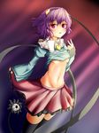  black_legwear breasts fukunaga_kazuhiro groin hairband heart highres komeiji_satori medium_breasts navel open_mouth pink_eyes purple_hair shirt_lift short_hair skirt solo thighhighs third_eye touhou underboob 