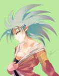 blue_hair breasts cleavage collarbone earrings ears eyelashes jewelry medium_breasts phillock ryouko_(tenchi_muyou!) shirt_pull slit_pupils smirk solo spiked_hair tenchi_muyou! yellow_eyes 