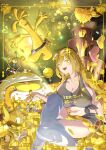  1girl absurdres alternate_color alternate_eye_color alternate_hair_color belt black_belt blonde_hair border breasts chocolate chocolate_coin chocolate_fountain clothes_writing coin commentary_request dondozo eyelashes eyewear_on_head fangs gholdengo gimmighoul gimmighoul_(roaming) glassy0302 gold_bar gold_bkikini gold_coin highres holding holding_coin klefki kuraishi_ringo_(glassy0302) luvdisc magikarp medium_hair midair open_mouth original pokemon pokemon_(creature) rellor sableye see-through_clothes shiny_and_normal shiny_pokemon sitting smile sparkle tadbulb tatsugiri tatsugiri_(stretchy) teeth thighhighs tynamo upper_teeth_only white_thighhighs wiglett yellow-framed_eyewear yellow_eyes yellow_theme 