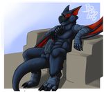  4_toes abs avian balls barefoot bass_(artist) beak big_claws black_body blue_body blue_penis chair claws digitigrade erection gryphon humanoid_penis looking_at_viewer male monster_hunter nargacuga nude paws penis plain_background precum presenting sitting solo tail_between_legs thick_tail toe_claws toes video_games 
