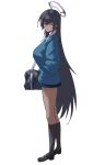  1girl absurdres bag black_hair black_shoes black_skirt black_socks blue_archive blue_bow blue_bowtie blue_cardigan bow bowtie breasts cardigan dark-skinned_female dark_skin hair_between_eyes halo highres huge_breasts karin_(blue_archive) karin_(school_uniform)_(blue_archive) katagiri_nanoka long_hair looking_at_viewer purple_halo school_bag shirt shoes skirt socks solo thighs very_long_hair white_shirt yellow_eyes 