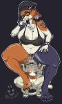 absurd_res anthro areola big_breasts biped bottomless breasts christomwow clothed clothing domestic_cat duo epic_games eyelashes facesitting felid feline felis female female/female fortnite genitals hi_res larger_female mammal meow_skulls multicolored_body nipple_outline nipple_piercing_outline nipples pupils sitting sitting_on_another size_difference smaller_female smile vulva