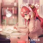  1girl 35p_(sakura_miko) ahoge animal_ear_headphones animal_ears bell blue_sailor_collar blue_skirt book book_stack brown_cardigan cardigan cat_ear_headphones cat_ears commentary_request copyright_notice desk_lamp fake_animal_ears from_side green_eyes hair_bell hair_ornament hairclip hand_up headphones holding holding_pencil hololive indoors jingle_bell lamp long_hair miniskirt night notebook official_art one_side_up open_mouth pencil pink_hair sailor_collar sakura_miko shirt sitting skirt solo virtual_youtuber yumesaki_nana 