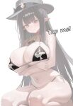  1girl animal_print arms_under_breasts bell bikini blue_archive breasts brown_hair cleavage collar commentary_request cow_print cow_print_bikini cowbell grey_hat hat highres huge_breasts long_hair meme misuzu_(blue_archive) navel pointy_ears print_bikini red_collar setakman side-tie_bikini_bottom solo swimsuit tap_me_(meme) tears wavy_mouth yellow_eyes 