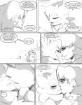 absurd_res anthro bed bedroom between_legs blush claws clothing comic cuddling dialogue duo facial_hair facial_scar fangs female floragato furniture generation_9_pokemon hand_on_face happy hi_res hug kiss_on_lips kissing love male monochrome nintendo on_lap pokemon pokemon_(species) romantic scar shirt sitting sitting_on_lap spicykiwi story t-shirt talking_to_another teeth text thomas_(spicykiwi) topwear tulip_(spicykiwi)