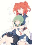  2girls black_skirt blue_vest blush breasts closed_eyes closed_mouth commentary_request epaulettes green_hair hair_bobbles hair_ornament highres hug large_breasts long_sleeves missing_headwear multiple_girls onozuka_komachi open_mouth red_hair ribbon-trimmed_skirt ribbon_trim shiki_eiki skirt smile speech_bubble spoken_blush spoken_zzz tama_(soon32281) touhou translation_request two_side_up vest yuri zzz 