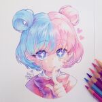  +_+ 1girl 2020 animal_crossing animal_crossing:_new_horizons art_tools_in_frame artist_name blue_eyes blue_hair bow bowtie closed_mouth collared_shirt colored_pencil_(medium) commentary cropped_shoulders dated double_bun english_commentary eyelashes gradient_eyes hair_bun heart highres humanization ibi_chuan index_finger_raised judy_(animal_crossing) looking_at_viewer mixed-language_commentary multicolored_eyes multicolored_hair photo_(medium) pink_bow pink_bowtie pink_hair pink_sweater purple_eyes shirt short_hair simple_background smile solo spanish_commentary split-color_hair split_mouth sweater traditional_media two-tone_eyes two-tone_hair two_side_up white_background 
