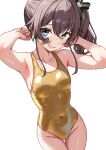  1girl absurdres arms_behind_head breasts brown_hair collarbone commentary_request covered_navel daelriibres gold_one-piece_swimsuit green_eyes highres hololive looking_at_viewer natsuiro_matsuri one-piece_swimsuit simple_background smile solo swimsuit virtual_youtuber white_background 