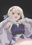  1girl armpits asymmetrical_bangs black_background black_choker blonde_hair blue_dress bow breasts choker cleavage cleavage_cutout clothing_cutout commentary_request dress earrings hair_bow hair_ornament hairclip jacket jewelry kawama_shuusuke long_hair looking_at_viewer navel off_shoulder open_clothes open_jacket open_mouth original simple_background small_breasts solo strapless strapless_dress teeth upper_body upper_teeth_only white_jacket wind wind_lift yellow_eyes yellow_nails 