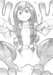  1girl against_fourth_wall asui_tsuyu bodysuit boku_no_hero_academia boots breasts bright_pupils climbing_wall closed_mouth commentary_request crosshatching eyebrows_hidden_by_hair full_body gloves graphite_(medium) greyscale hair_between_eyes hands_up hatching_(texture) highres horikoshi_kouhei linear_hatching long_hair looking_at_viewer low-tied_hair_ring low-tied_long_hair monochrome official_artist_extra outstretched_hand pose_request sidelocks simple_background skin_tight small_breasts solo straight-on thigh_boots traditional_media turtleneck turtleneck_bodysuit water_drop white_background 