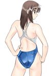  ass brown_eyes brown_hair competition_swimsuit cowboy_shot from_behind hands_on_hips long_hair morii_kaho one-piece_swimsuit polorinken profile sentimental_graffiti simple_background smile swimsuit wet white_background 