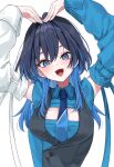  1girl :d absurdres asymmetrical_sleeves black_hair black_vest blue_eyes blue_hair blue_necktie blue_shirt blue_sleeves blue_vest collared_shirt colored_inner_hair commentary detached_sleeves fangs hair_intakes heart_arms highres hololive hololive_english long_hair looking_at_viewer mismatched_sleeves mogu_(au1127) multicolored_hair necktie official_alternate_costume official_alternate_hairstyle open_mouth ouro_kronii ouro_kronii_(4th_costume) shirt sidelocks simple_background smile solo two-tone_hair two-tone_vest upper_body vest virtual_youtuber white_background white_sleeves 