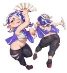  1girl absurdres ass back blue_hair butt_crack chest_sarashi earrings folding_fan hair_over_one_eye hand_fan highres holding holding_fan inkling jewelry multiple_earrings multiple_views octoling pants pointy_ears red_eyes riz sarashi shiver_(splatoon) smile splatoon_(series) splatoon_3 tentacle_hair tight_clothes tight_pants yoga_pants 