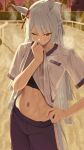  1girl animal_ears aqua_tail black_sports_bra braid breasts clothes_lift ear_ribbon folded_hair folded_ponytail fujimasa_march_(umamusume) grey_hair gym_shirt half_up_half_down_braid hand_on_own_hip highres horse_ears horse_girl horse_tail kasamatsu_tracen_training_uniform lifting_own_clothes long_hair midriff mixed-language_commentary navel ningen_gokko one_eye_closed outdoors pants purple_pants shirt shirt_lift short_sleeves small_breasts sports_bra sweat tail umamusume umamusume:_cinderella_gray very_sweaty white_shirt yellow_eyes 