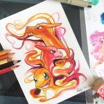  absurdres art_tools_in_frame blue_eyes charizard charmander charmeleon closed_mouth colored_pencil_(medium) commentary english_commentary evolutionary_line fangs highres katylipscombart no_humans nostrils open_mouth photo_(medium) pokemon pokemon_(creature) signature traditional_media 