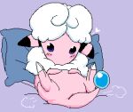 2026 ambiguous_feral ambiguous_gender archived_source bedding bedding_background black_body blush claws digital_media_(artwork) emanata featureless_hands feet feral flaaffy full-length_portrait fur generation_2_pokemon glistening glistening_eyes grorby heart_symbol looking_at_viewer lying multicolored_body nintendo on_back pillow pink_blush pink_body pixel_(artwork) pokemon pokemon_(species) portrait shaded simple_eyes solo toe_claws white_body white_fur white_wool wool_(fur)