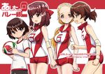  blonde_hair brown_hair cover cover_page girls_und_panzer gym_uniform hair_slicked_back hairband isobe_noriko kawanishi_shinobu kondou_taeko long_hair multiple_girls sasaki_akebi short_hair sleeveless sportswear volleyball volleyball_uniform vt 