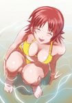 :d ^_^ arm_support barefoot beach bikini breasts cleavage closed_eyes from_above hoshikawa_maki large_breasts open_mouth red_hair shopyun short_hair smile solo squatting swimsuit tokimeki_memorial tokimeki_memorial_4 wading water yellow_bikini 