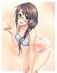  bent_over braid breasts brown_eyes brown_hair cleavage commentary_request fox_shadow_puppet glasses hair_tie hand_on_own_knee highres large_breasts long_hair open_mouth original panties side_braid smile solo sports_bra underwear underwear_only white_panties yuuki_keisuke 