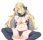  bare_shoulders bikini black_legwear blonde_hair blue_eyes blush breasts covered_nipples elbow_gloves gloves hair_ornament hair_over_one_eye highres large_breasts long_hair looking_at_viewer micro_bikini mochi_hanpen plump pokemon pokemon_(game) pokemon_dppt shirona_(pokemon) sitting smile solo spread_legs swimsuit thick_thighs thighhighs thighs white_background 
