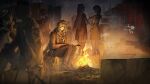  2boys 2girls animal_ears arknights artist_request bear_boy bear_ears bear_girl blue_eyes bonfire camping fyodor_vladimirovich_(arknights) game_asset highres holding holding_stick horns legs_together looking_at_object multiple_boys multiple_girls night official_art outdoors people sad sitting stick third-party_source variant_set 