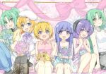  6+girls absurdres beret black_skirt blonde_hair blue_eyes blue_flower blush bouquet bow bowtie dress flower furude_rika green_eyes green_flower green_hair hanyuu hat highres higurashi_no_naku_koro_ni holding holding_bouquet holding_hands horns houjou_satoko interlocked_fingers looking_at_viewer multiple_girls orange_hair painting_(medium) pink_dress pink_flower pink_shirt purple_bow purple_bowtie purple_eyes ribbed_sweater ryuuguu_rena shirt short_sleeves sitting skirt sleeveless sleeveless_sweater smile sonozaki_mion sonozaki_shion sweater sweet_miuk_tea traditional_media twitter_username watercolor_(medium) white_dress white_flower white_hat white_sweater yellow_flower yellow_shirt 