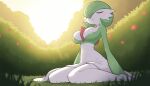  1girl ai-generated blush bob_cut breasts bush closed_eyes colored_skin day flower forest full_body gardevoir grass green_hair green_skin hair_over_one_eye highres large_breasts lens_flare light_rays multicolored_skin nature on_ground one_eye_covered open_mouth outdoors parted_lips pokemon pokemon_(creature) pyororingen red_flower short_hair sitting sky sleeping solo sunlight sunset tree two-tone_skin u_u wariza white_skin yellow_sky 